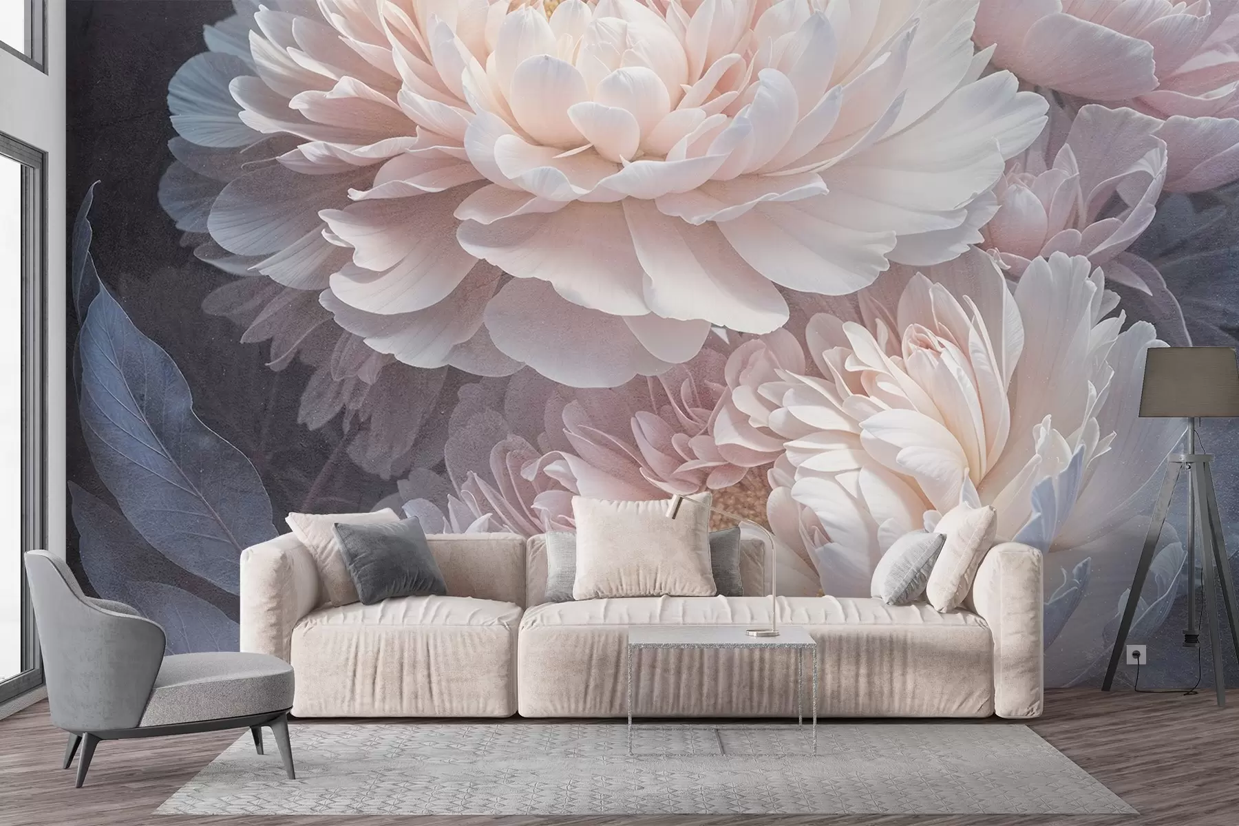 stenske poslikave Bližnji posnetek dveh velikih, nežnih rožnatih pivonik z mehkimi, puhastimi cvetnimi listi in listi na zamegljenem ozadju w08382