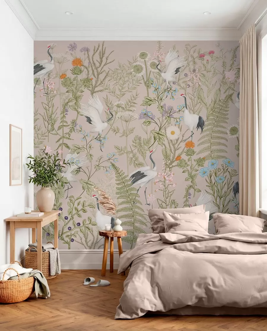 stenske poslikave Elegantni žerjavi med živahnim cvetjem w00380