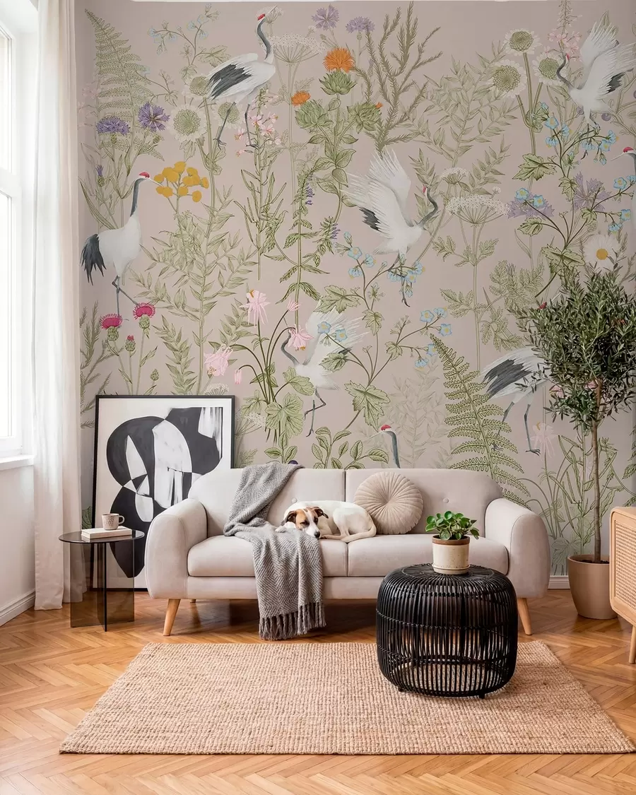 stenske poslikave Elegantni žerjavi med živahnim cvetjem w00380