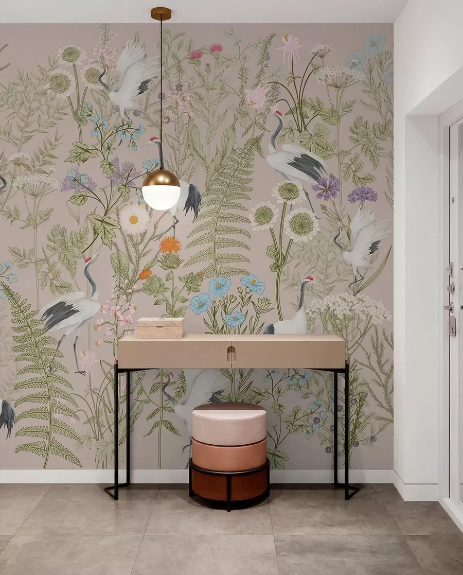 stenske poslikave Elegantni žerjavi med živahnim cvetjem w00380
