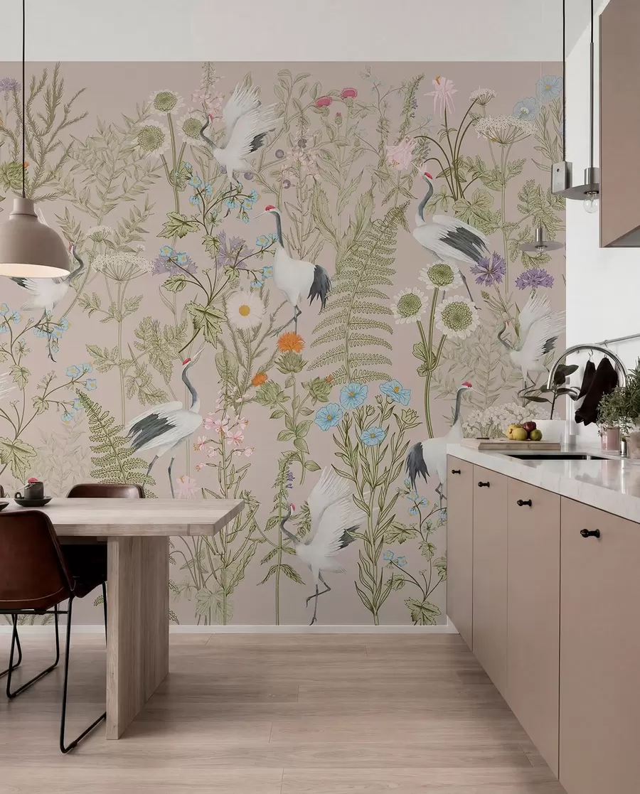 stenske poslikave Elegantni žerjavi med živahnim cvetjem w00380