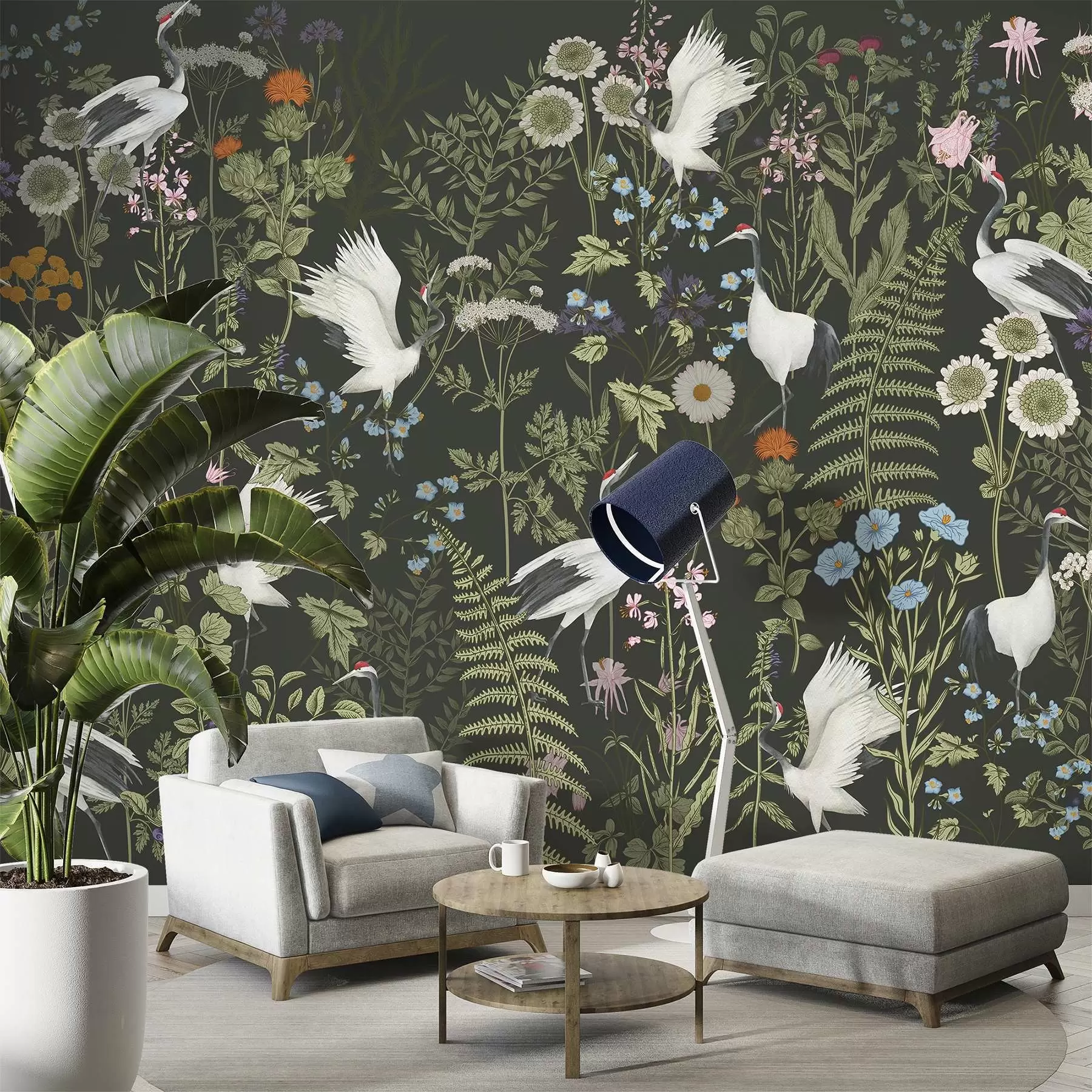 stenske poslikave Žerjavi, ki plešejo med živahnim cvetjem w00380v2