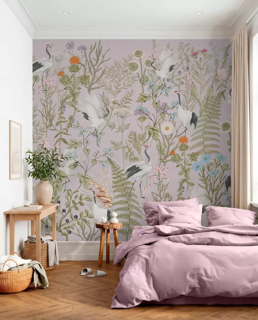 stenske poslikave Elegantni žerjavi sredi živahnega cvetja w00380v3