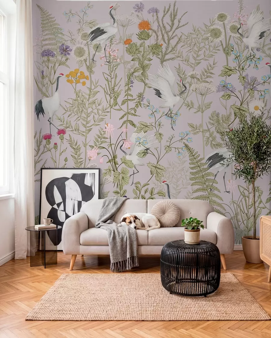 stenske poslikave Elegantni žerjavi sredi živahnega cvetja w00380v3
