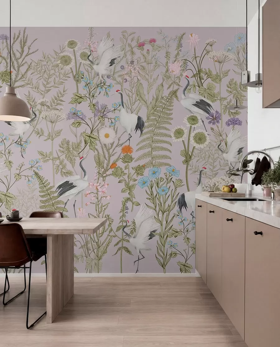 stenske poslikave Elegantni žerjavi sredi živahnega cvetja w00380v3