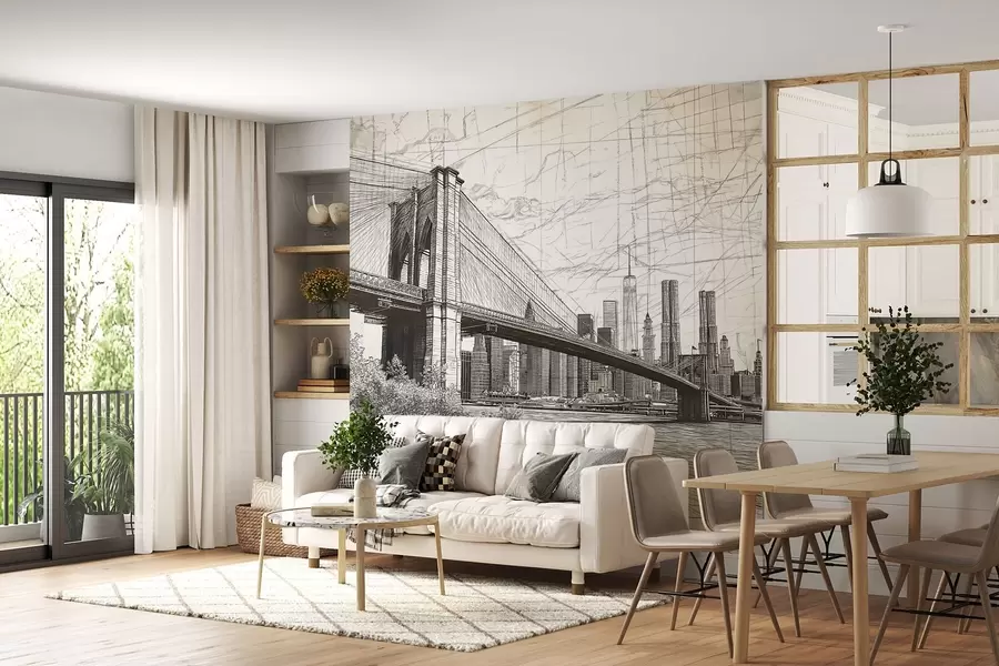 stenske poslikave Panorama Brooklynskega mostu, narejena v skicirani retro tehniki s črtami in praskami w01961