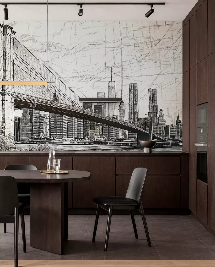 stenske poslikave Panorama Brooklynskega mostu, narejena v skicirani retro tehniki s črtami in praskami w01961