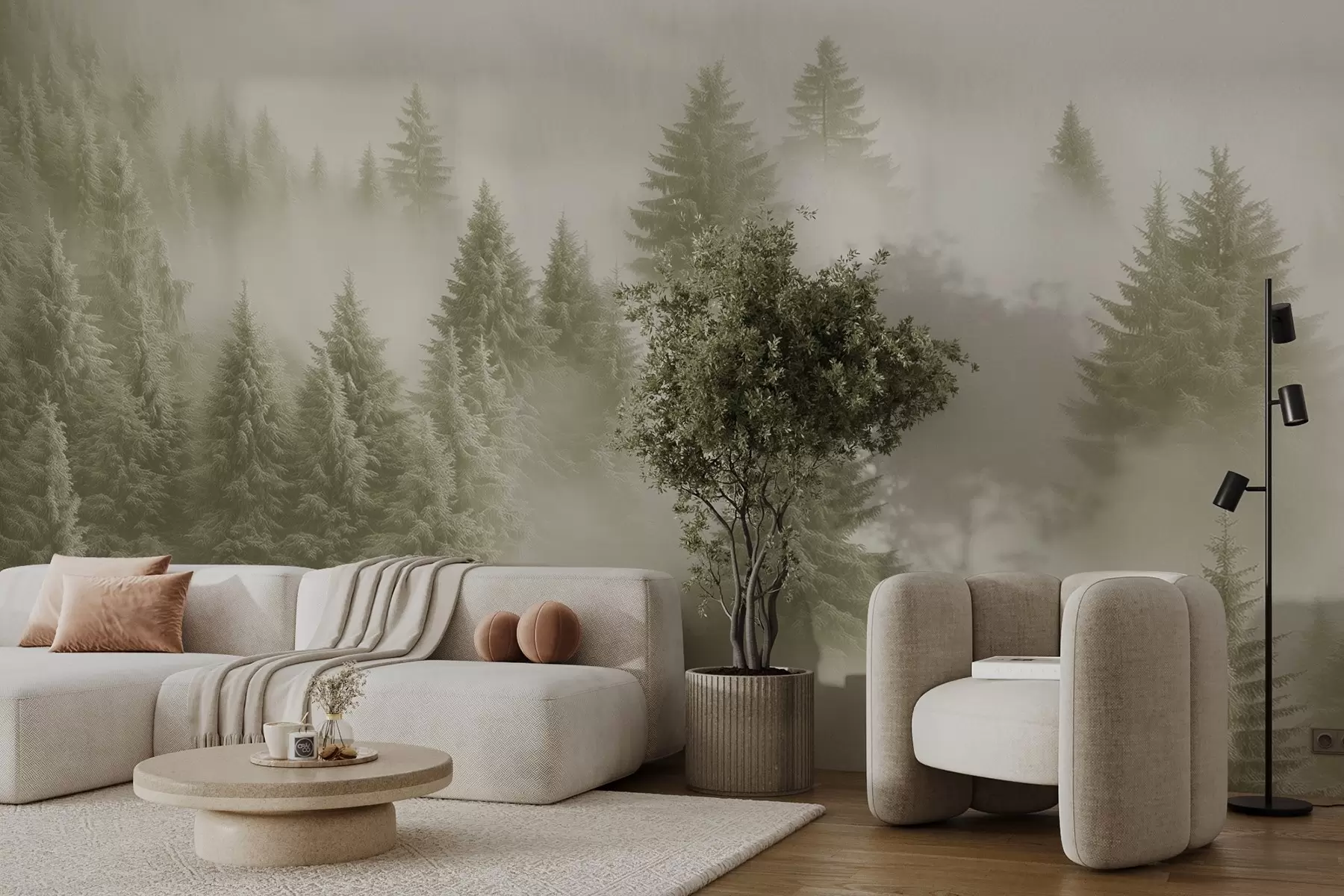 stenske poslikave Gosta megla, ki ovija zasnežen jutranji gozd v nežnih zelenih odtenkih w02064v2