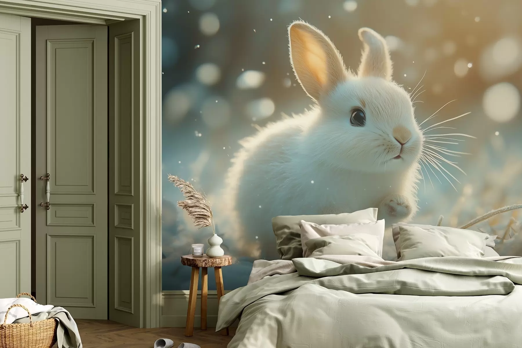 stenske poslikave Simpatičen bel zajec teče po jutranjem snegu w02066