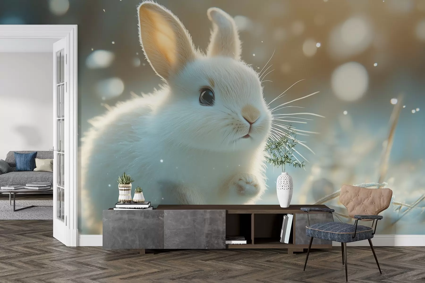 stenske poslikave Simpatičen bel zajec teče po jutranjem snegu w02066