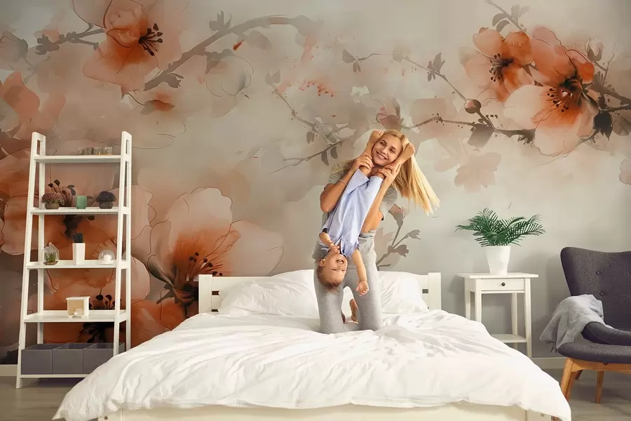 stenske poslikave Akvarelna kompozicija cvetja v toplih breskovih in oranžnih odtenkih w02068