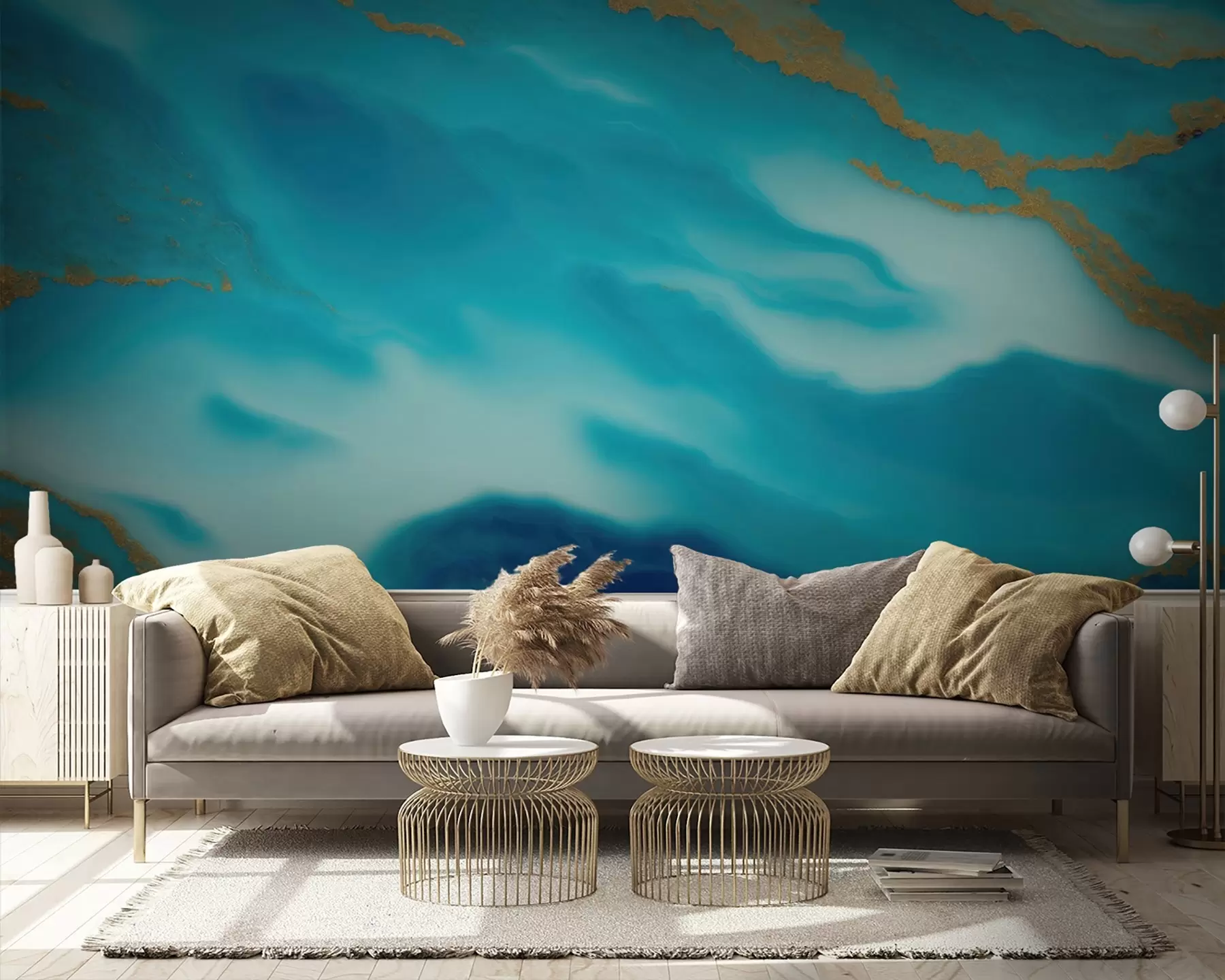 stenske poslikave Mirni valovi modre in bež barve u94110