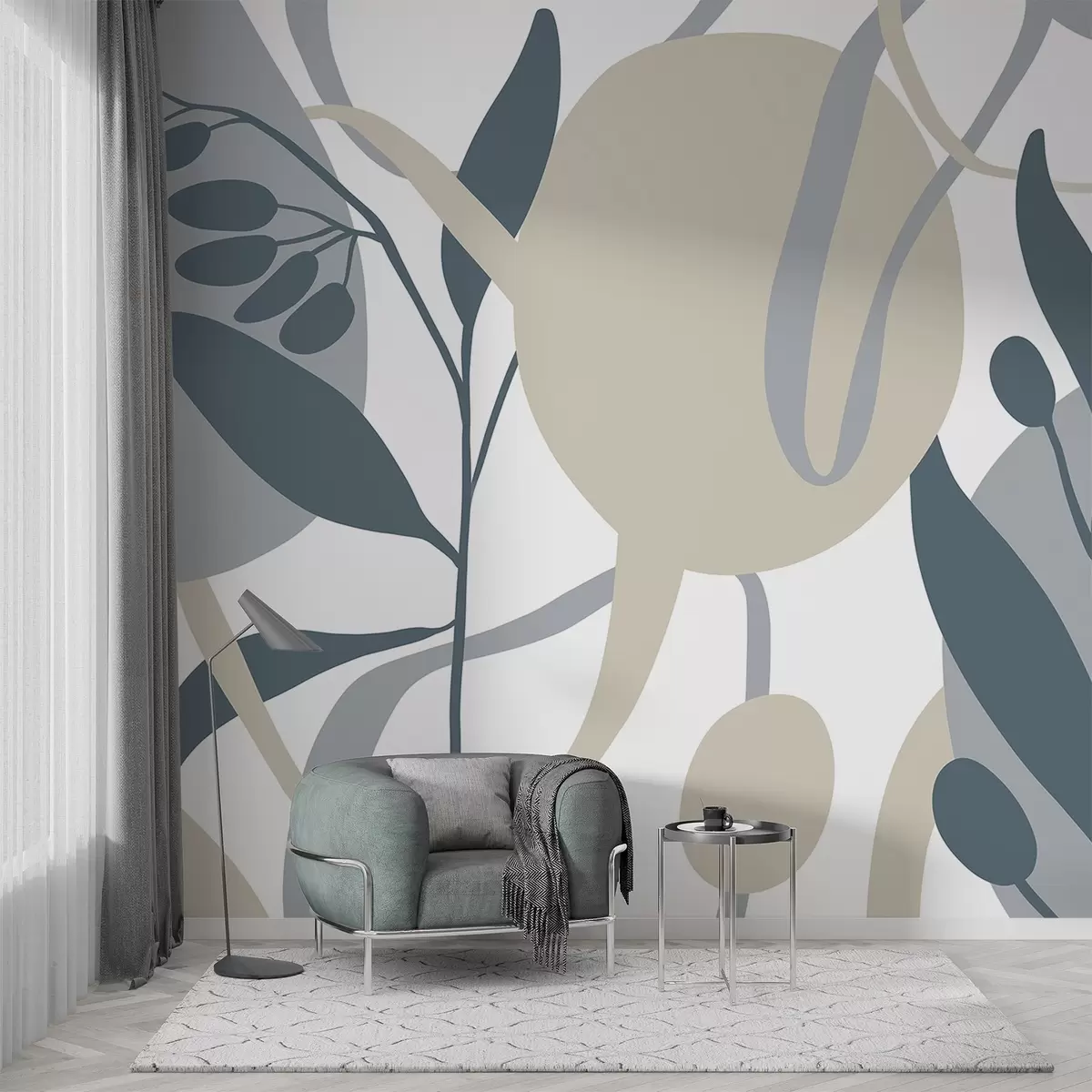 stenske poslikave Minimalistični abstraktni cvetlični tisk z bež in sivimi oblikami na belem ozadju w08400