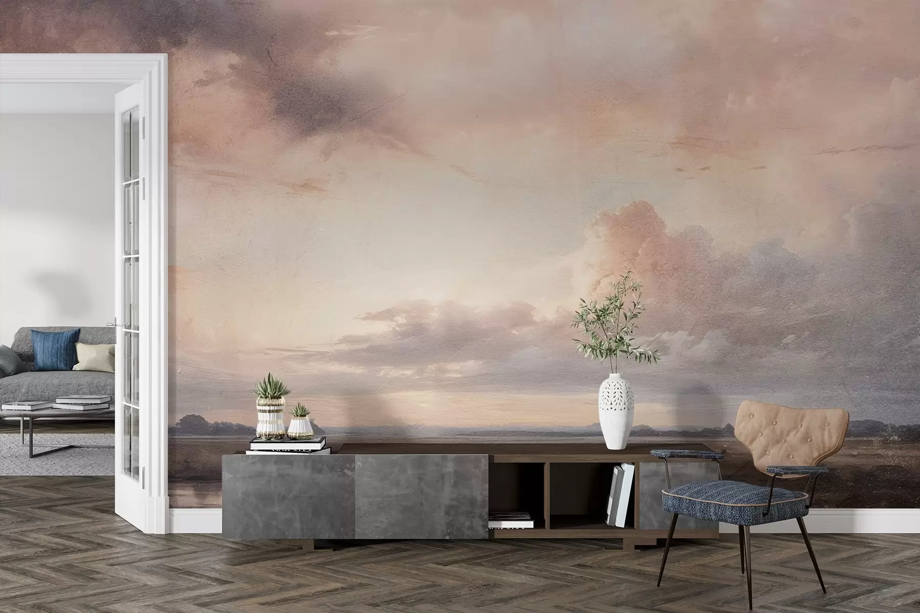 stenske poslikave Dramatična pokrajina s teksturo oblačnega neba nad mirnim jezerom ob sončnem zahodu, v daljavi so vidni hribi w08409