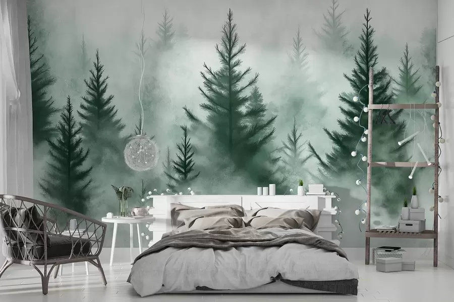 stenske poslikave Gozd v megli, borovci, akvarel, zelene barve w02152v1