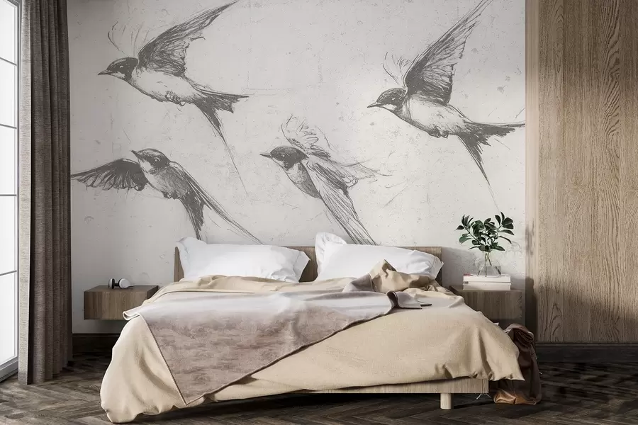 stenske poslikave Leteče ptice, risba s tušem, minimalizem, sive barve w02155