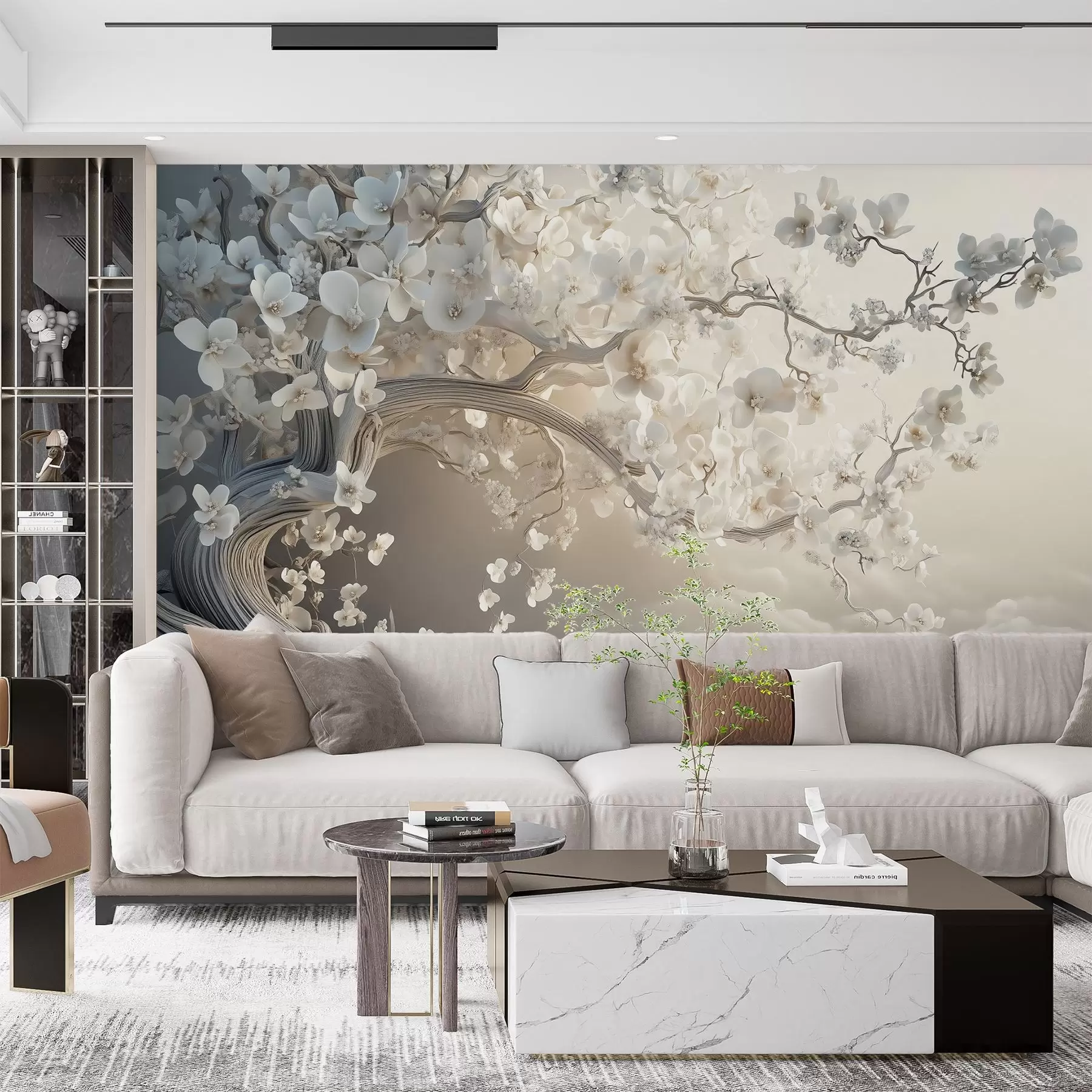 stenske poslikave Očarljivo drevo z belimi cvetovi v ozadju oblakov v zanimivem slogu v nežnih toplih barvah w02133