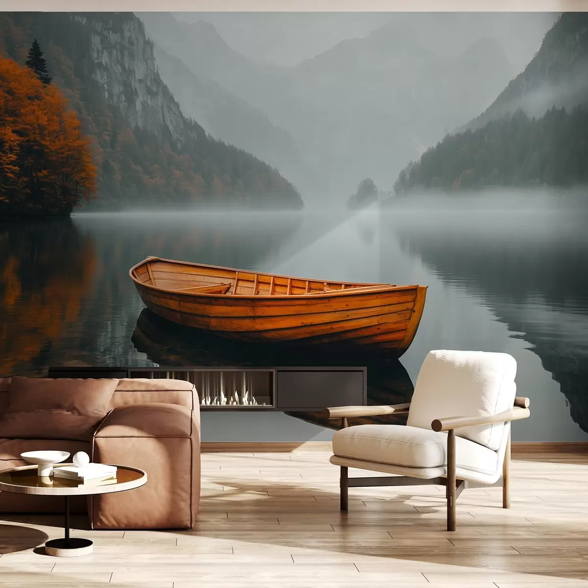 stenske poslikave Na jezeru plava lesen čoln, ki ga obdajajo gosta megla in gore w02195