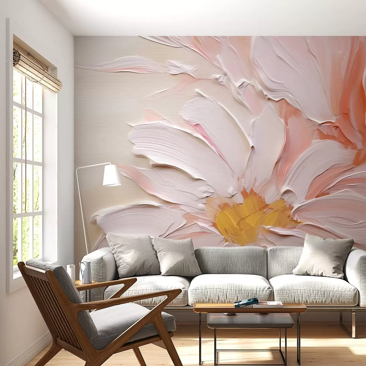 stenske poslikave Bela roza velika roža, imitacija potez čopiča, teksturirano ozadje w02228