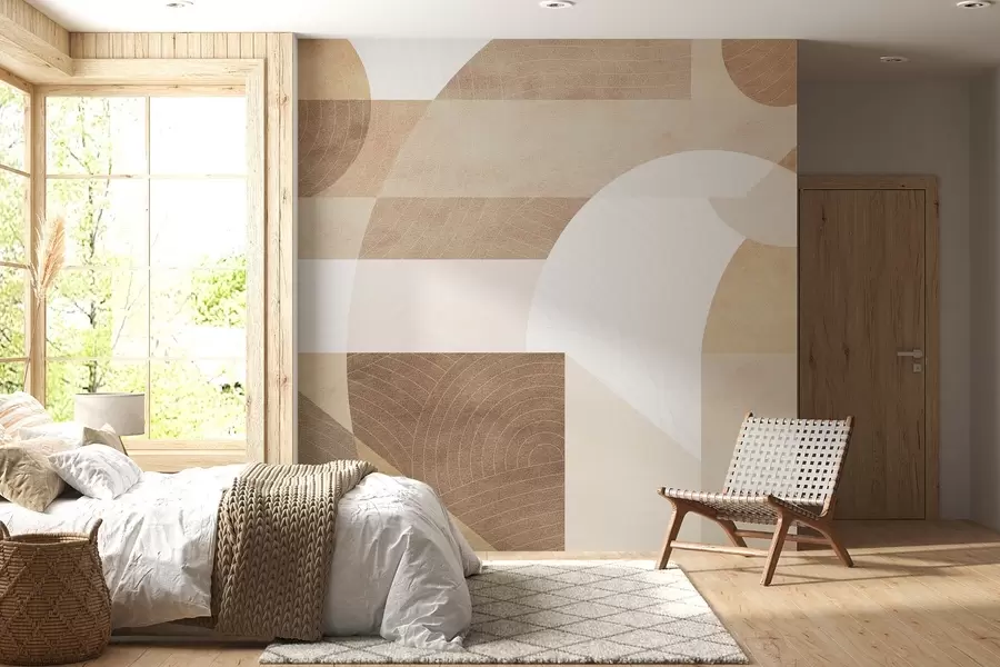 stenske poslikave Sodobna geometrija z abstraktnimi oblikami, teksturiranimi detajli v bež in rjavih tonih w02140