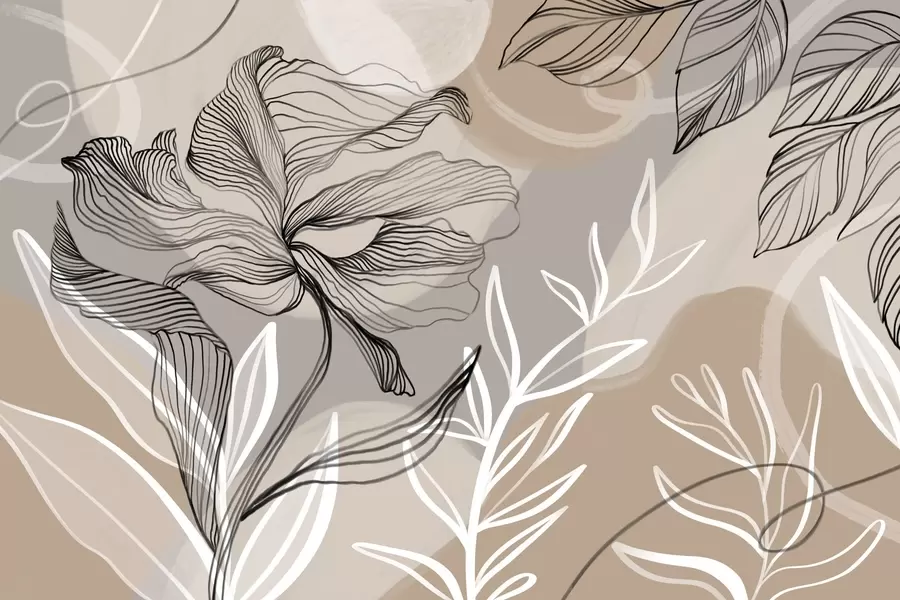 stenske poslikave Eleganten cvetlični tisk z velikimi abstraktnimi linijskimi cvetovi in listi v odtenkih sive in bež barve na svetlem ozadju w08413