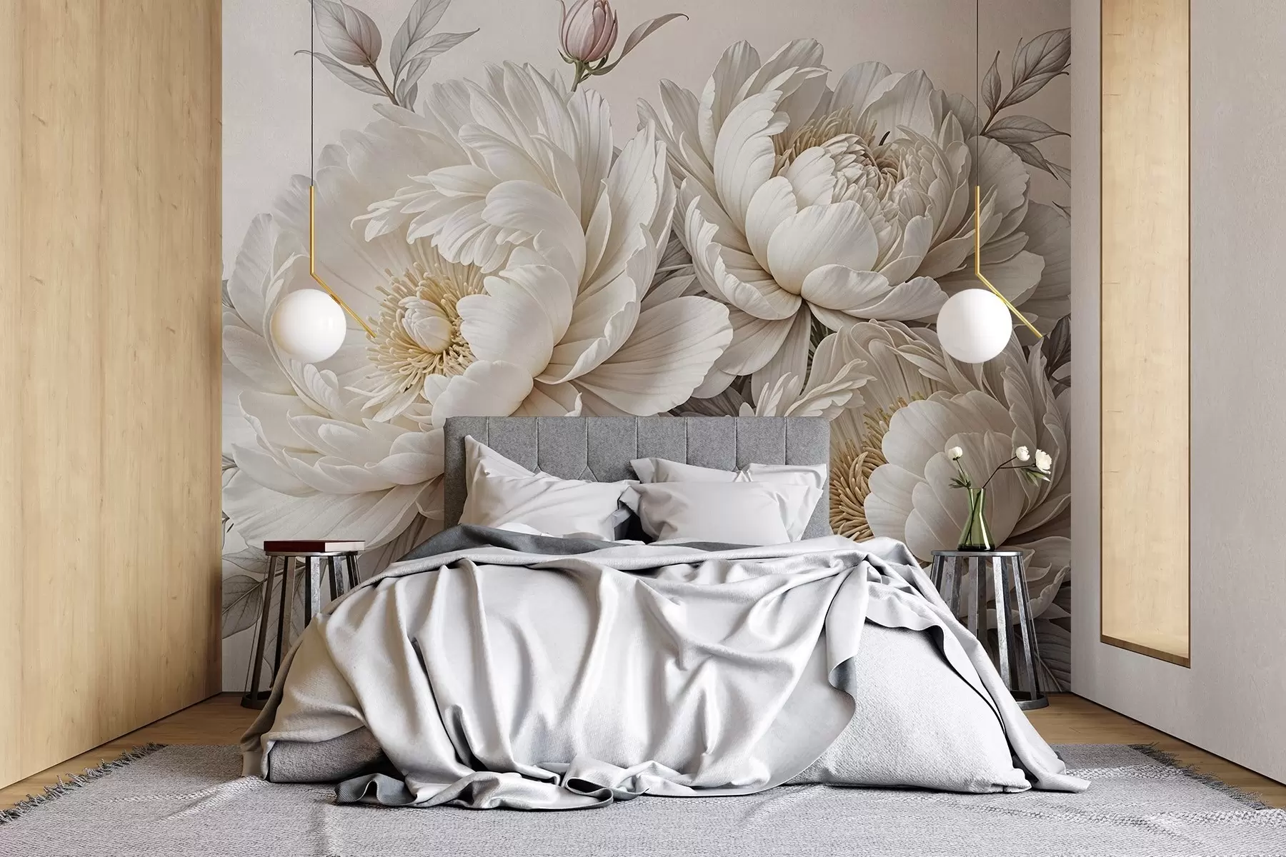 stenske poslikave Nežne pastelne bele pivonke z bujnim listjem na mehkem, nevtralnem ozadju w08420