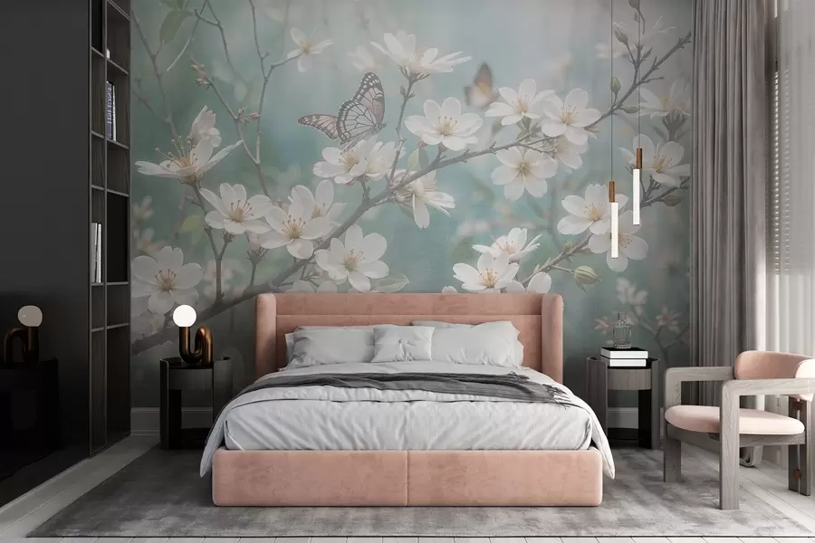 stenske poslikave Bel metulj na veji z nežnimi belimi češnjevimi cvetovi v ospredju na zamegljenem ozadju w08421