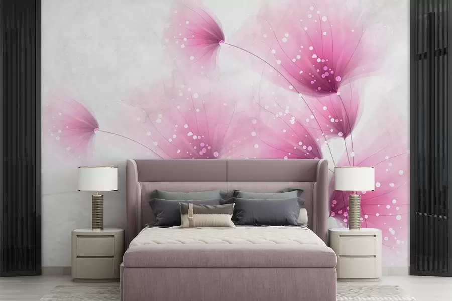 stenske poslikave Mehko roza cvetje z zamegljenim teksturalnim svetlo sivim ozadjem in penečimi lučmi w08423