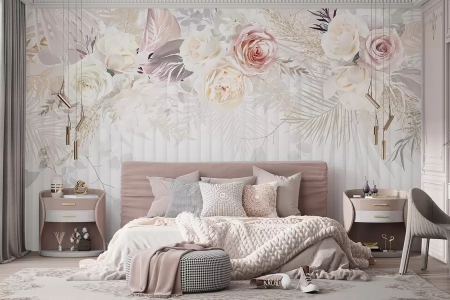 stenske poslikave Cvetlični aranžma z rožnatimi in belimi vrtnicami, palmovimi listi in drugim tropskim listjem na belem ozadju w08425