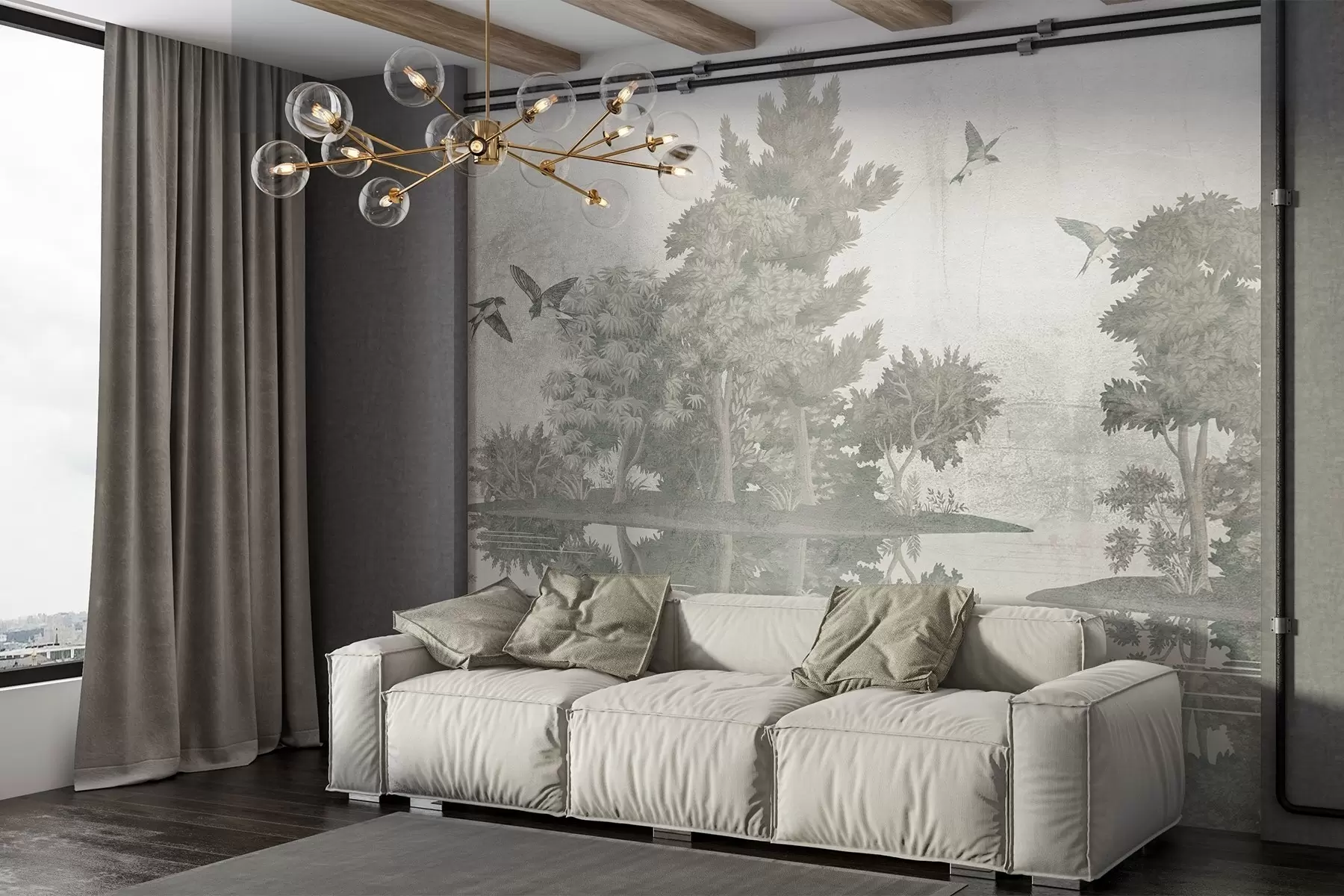 stenske poslikave Tisk gozdne pokrajine z jezerom, obkroženim z borovci in drugim listjem na teksturiranem zelenem ozadju w08426v1