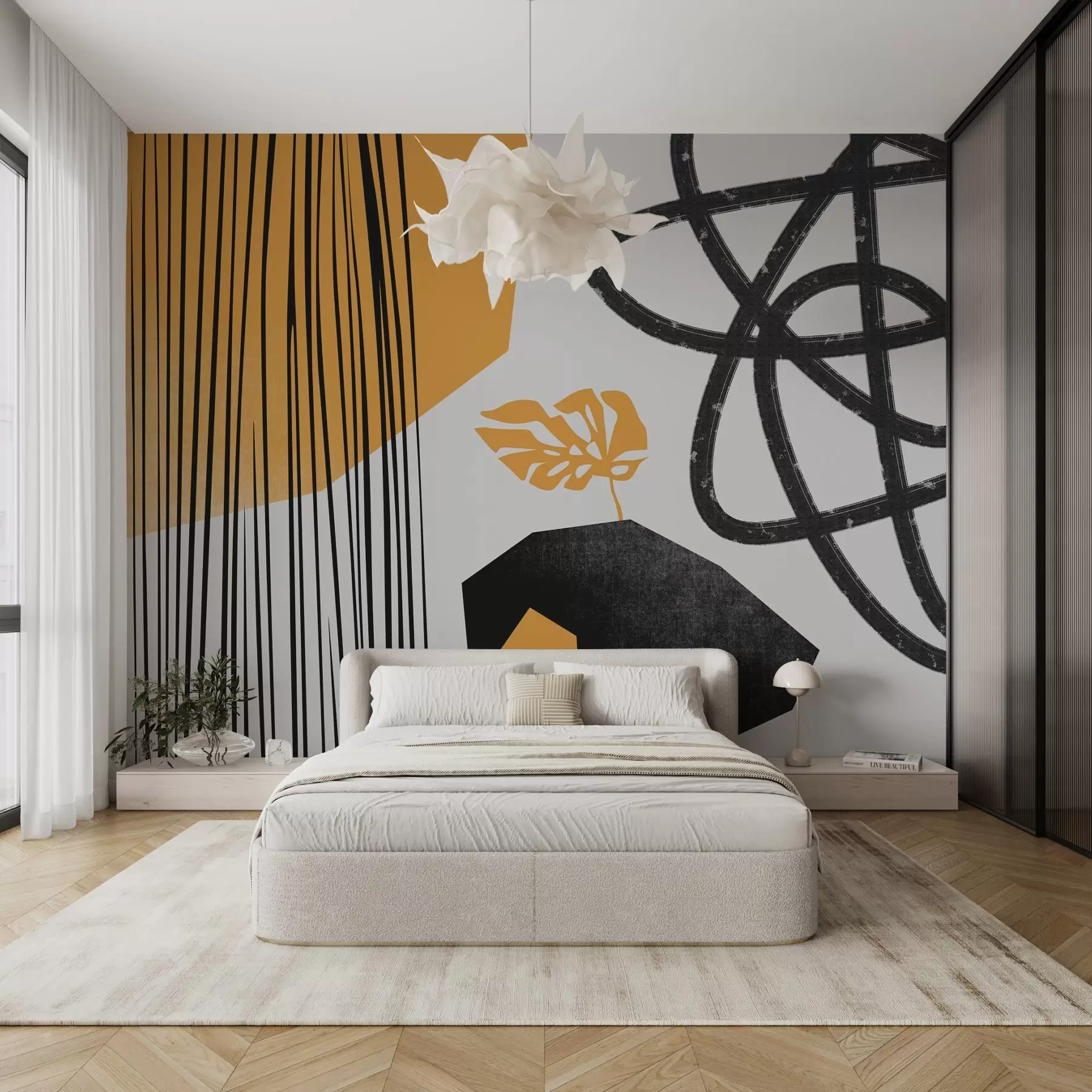 stenske poslikave Črte, črte in teksturirane pege, rumene in črne barve w02336