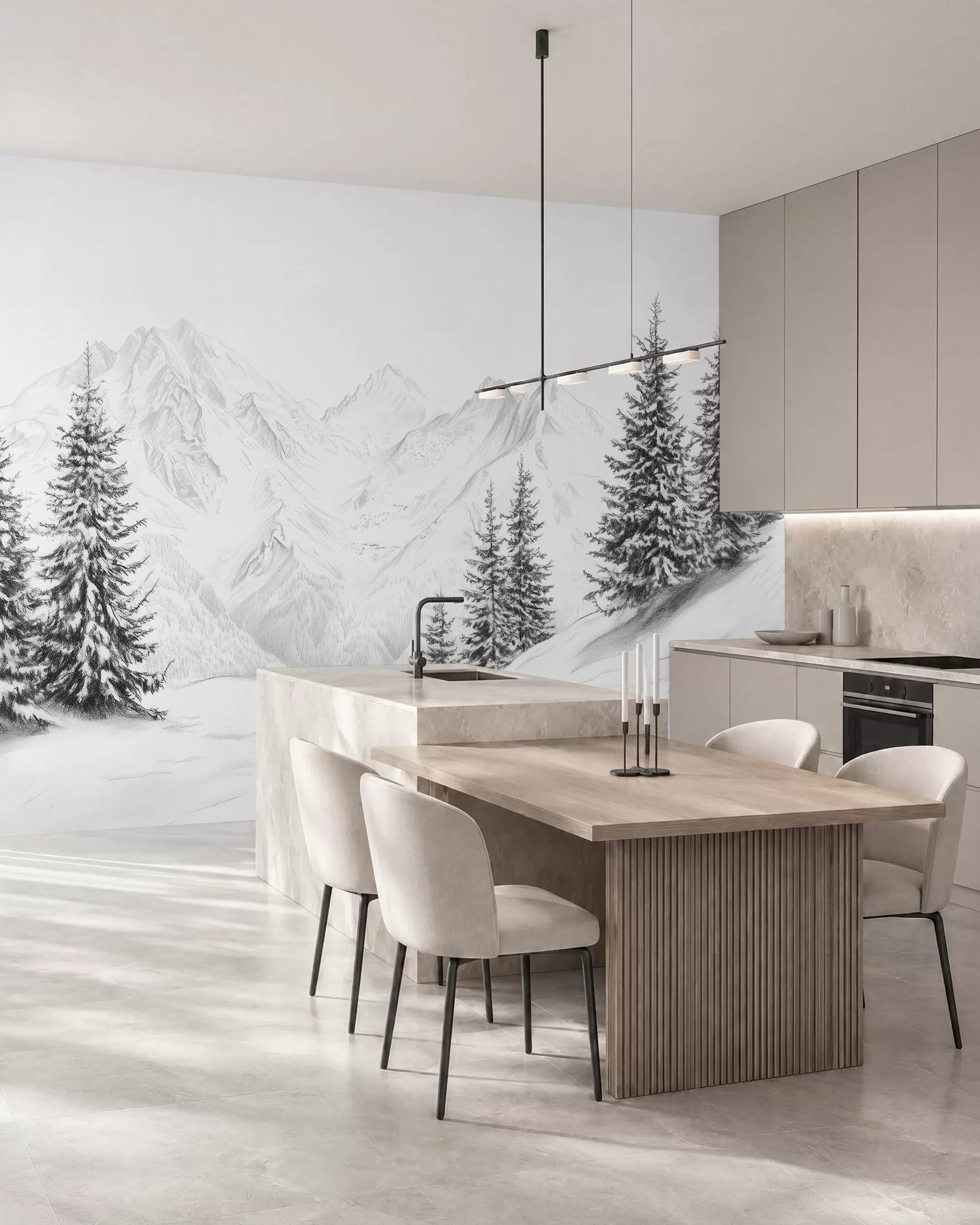 stenske poslikave Zasnežene gore, risba v slogu svinčnika, minimalizem, gozd, narava w02351