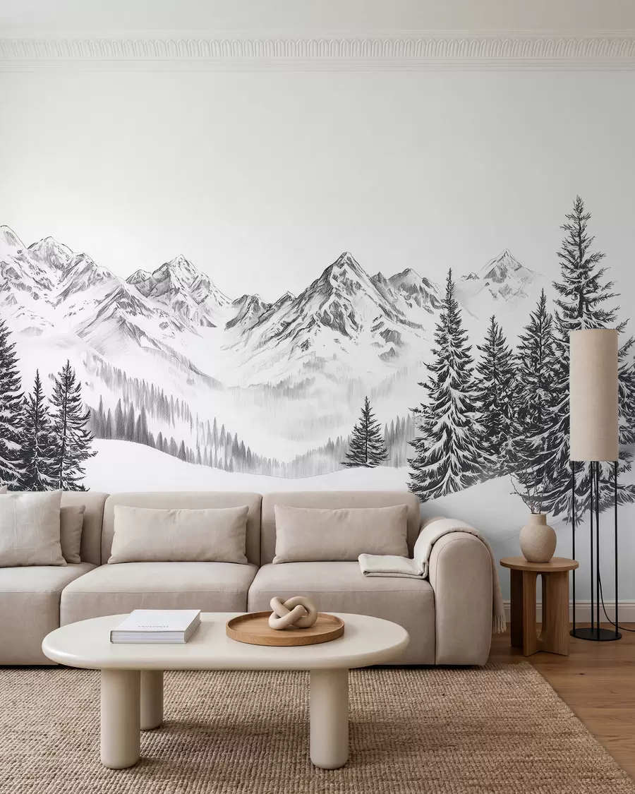 stenske poslikave Alpske gore v snegu, slog svinčnika, minimalizem w02352