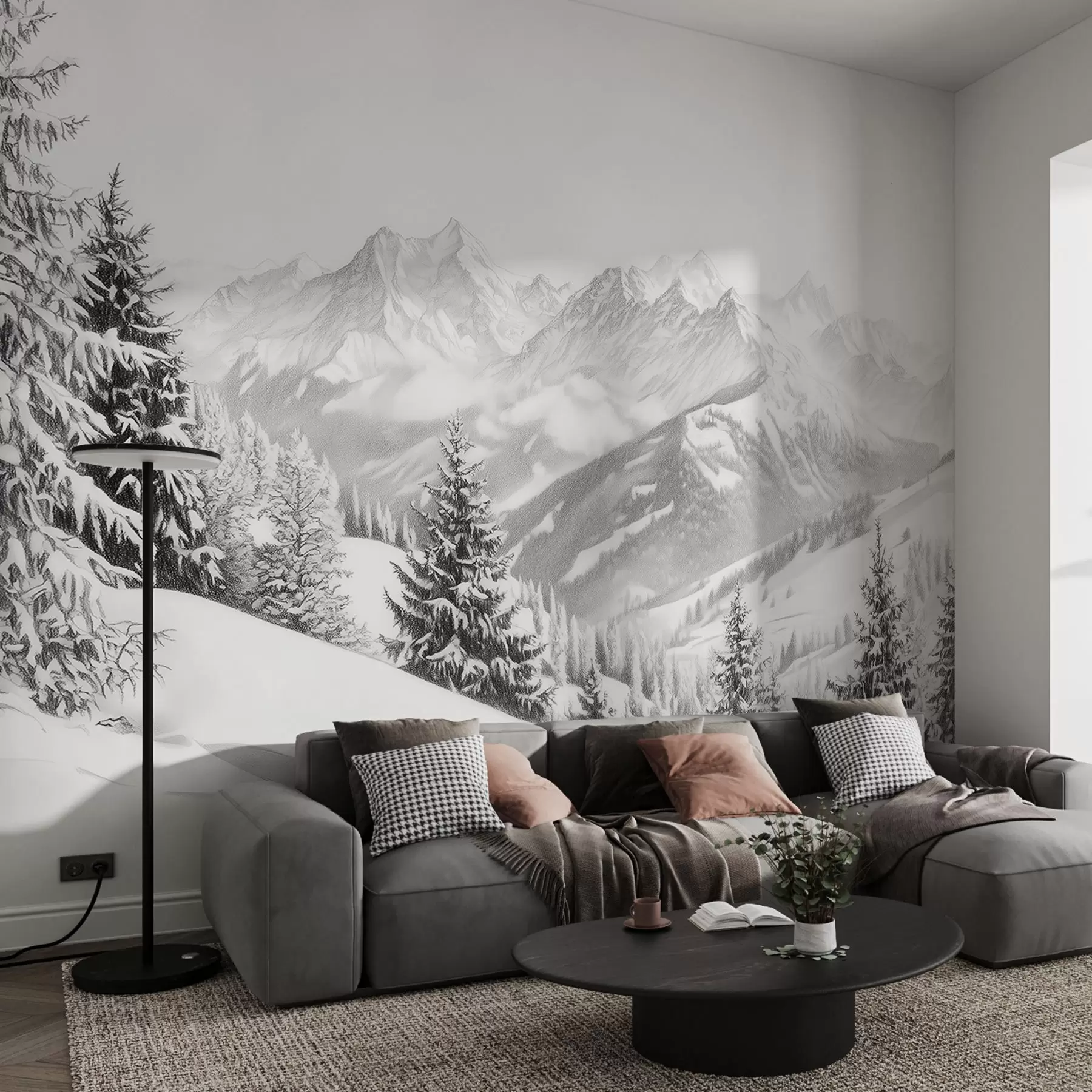 stenske poslikave Zima v gorah, gozd, Alpe, risba s svinčnikom, naravne pokrajine w02353