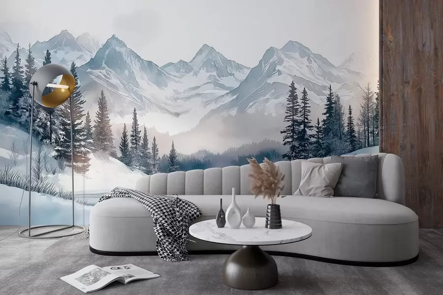 stenske poslikave Gore z jezerom, zima, gozd, sončni zahod, nebo, narava w02357