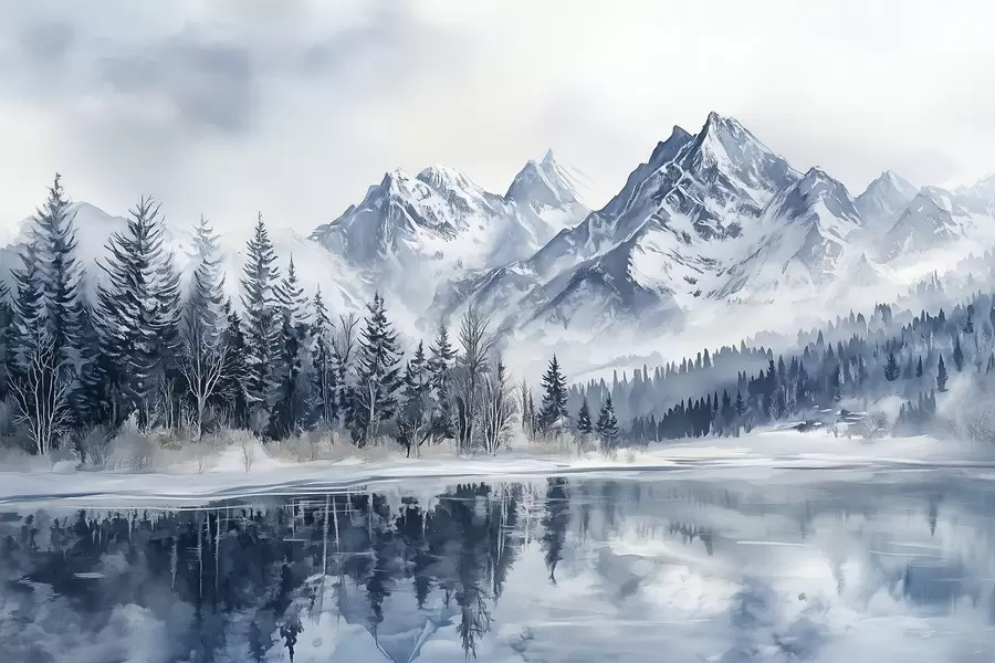 stenske poslikave Alpe v snegu, zimski gozd, zamrznjeno jezero, modra barvna paleta  w02358