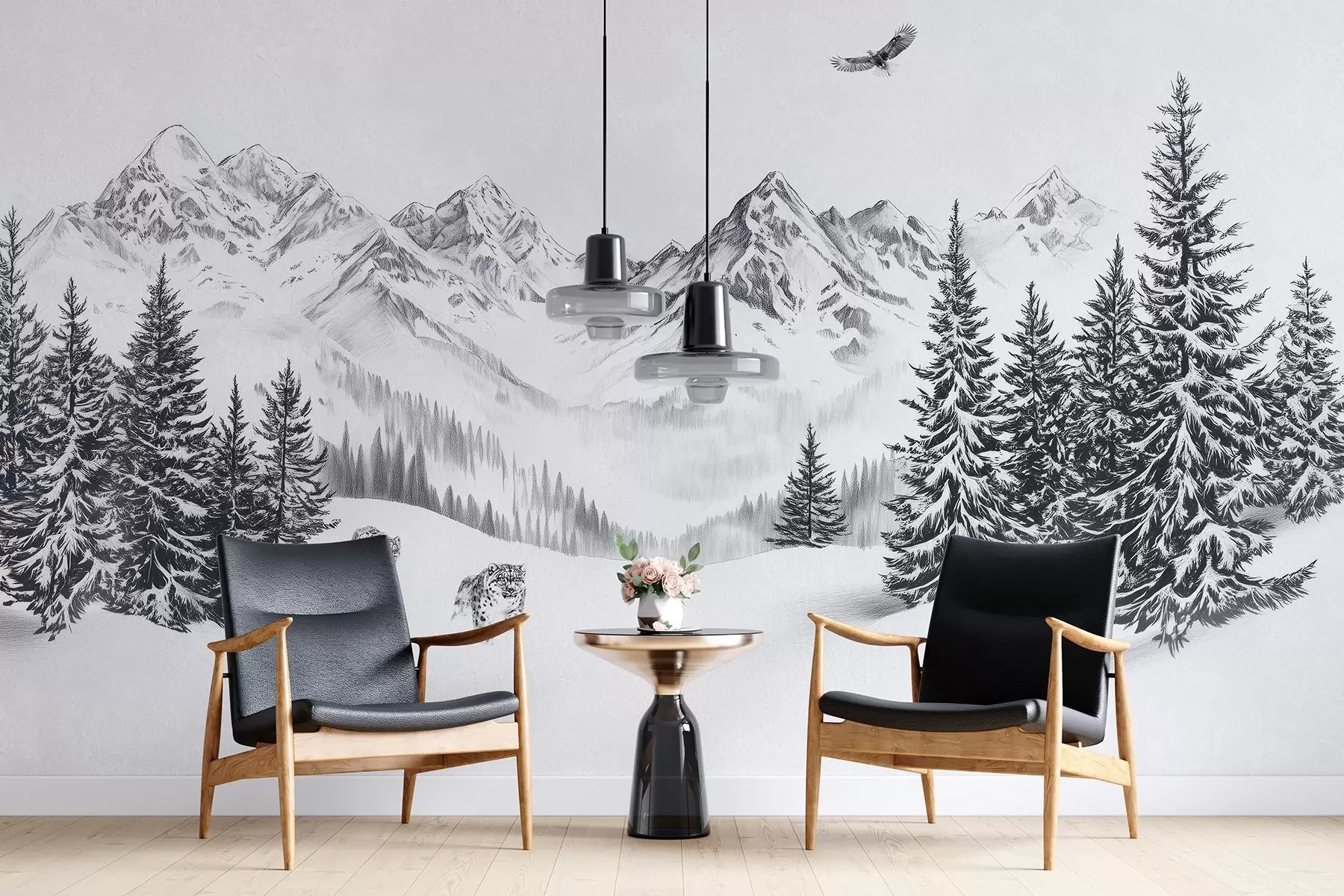 stenske poslikave Zimske gore, snežni leopardi, borov gozd, risba s svinčnikom, leteči orel w02360