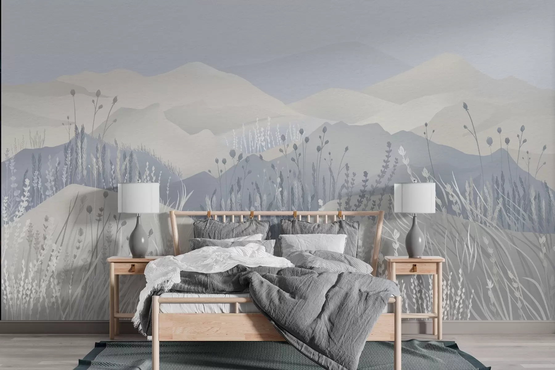 stenske poslikave Meglene gore ter poljske trave in cvetje v modrih tonih w02317v1