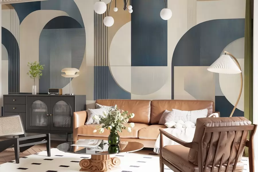 stenske poslikave Art Deco ozadje z geometrijskim vzorcem v modrih, bež in mlečnih odtenkih w02346
