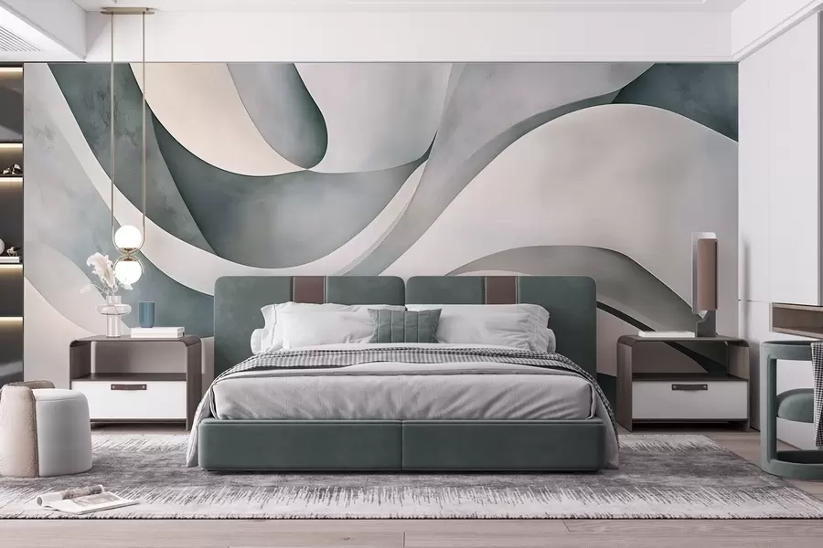 stenske poslikave Bele, modre in sive ukrivljene oblike in obrazci, ki ustvarjajo abstraktni teksturalni sodobni minimalistični tisk  w08439v1