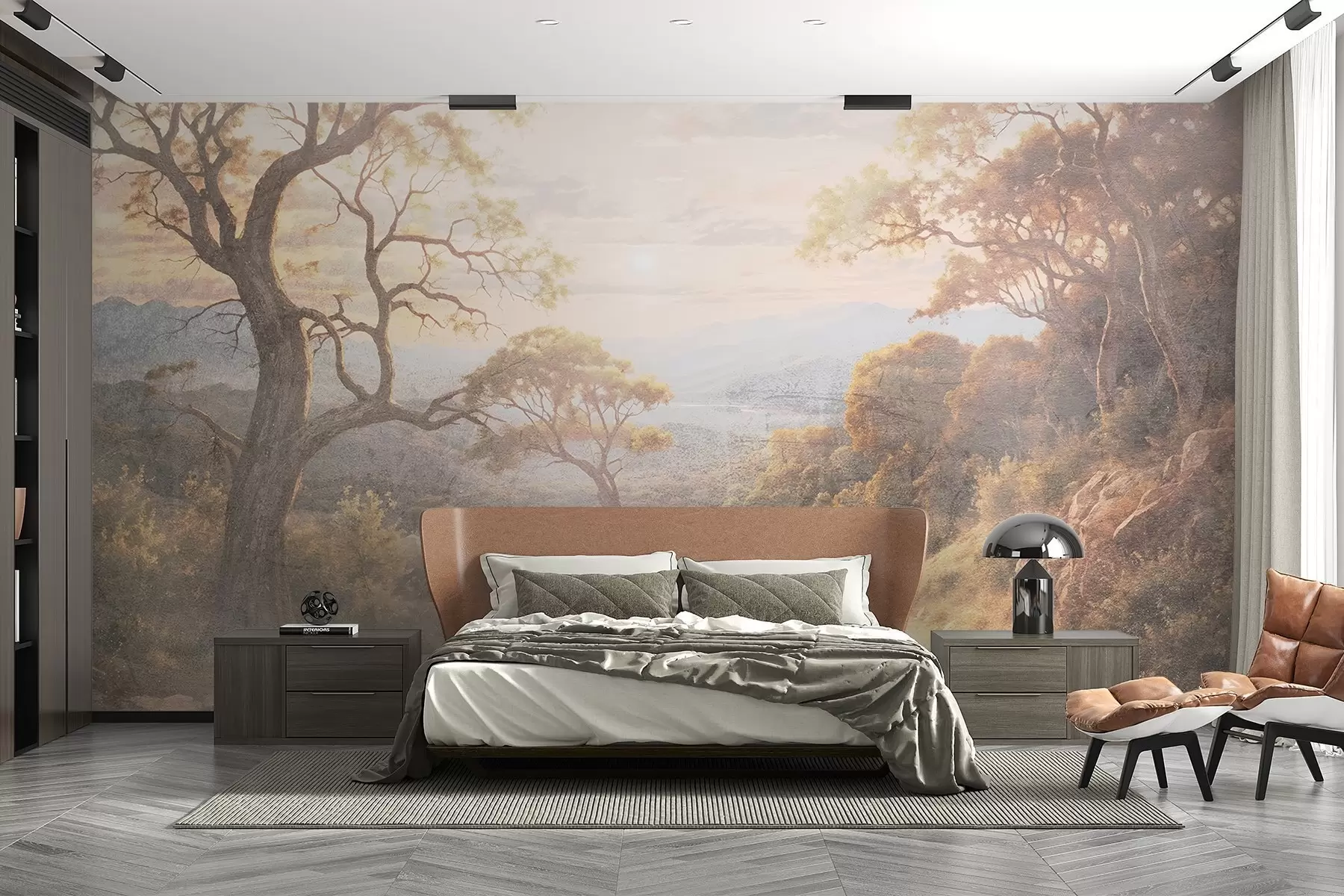 stenske poslikave Vijugasta poljska pot skozi bujen, jesenski gozd z visokimi, zavitimi drevesi in toplo sončno svetlobo w08446