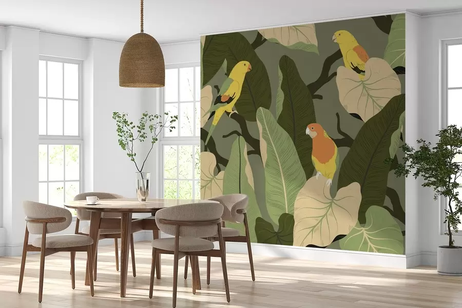 stenske poslikave tropski listi s papagaji w02402