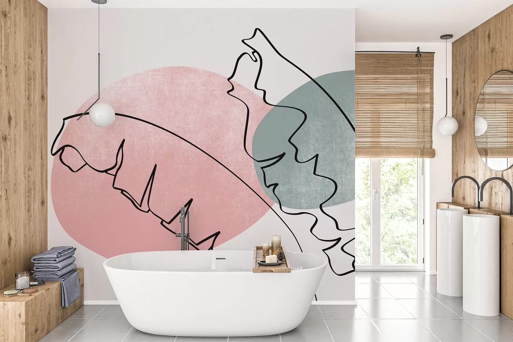 stenske poslikave Banana palmovi listi črta risba na roza in zeleni teksturi spot w02423