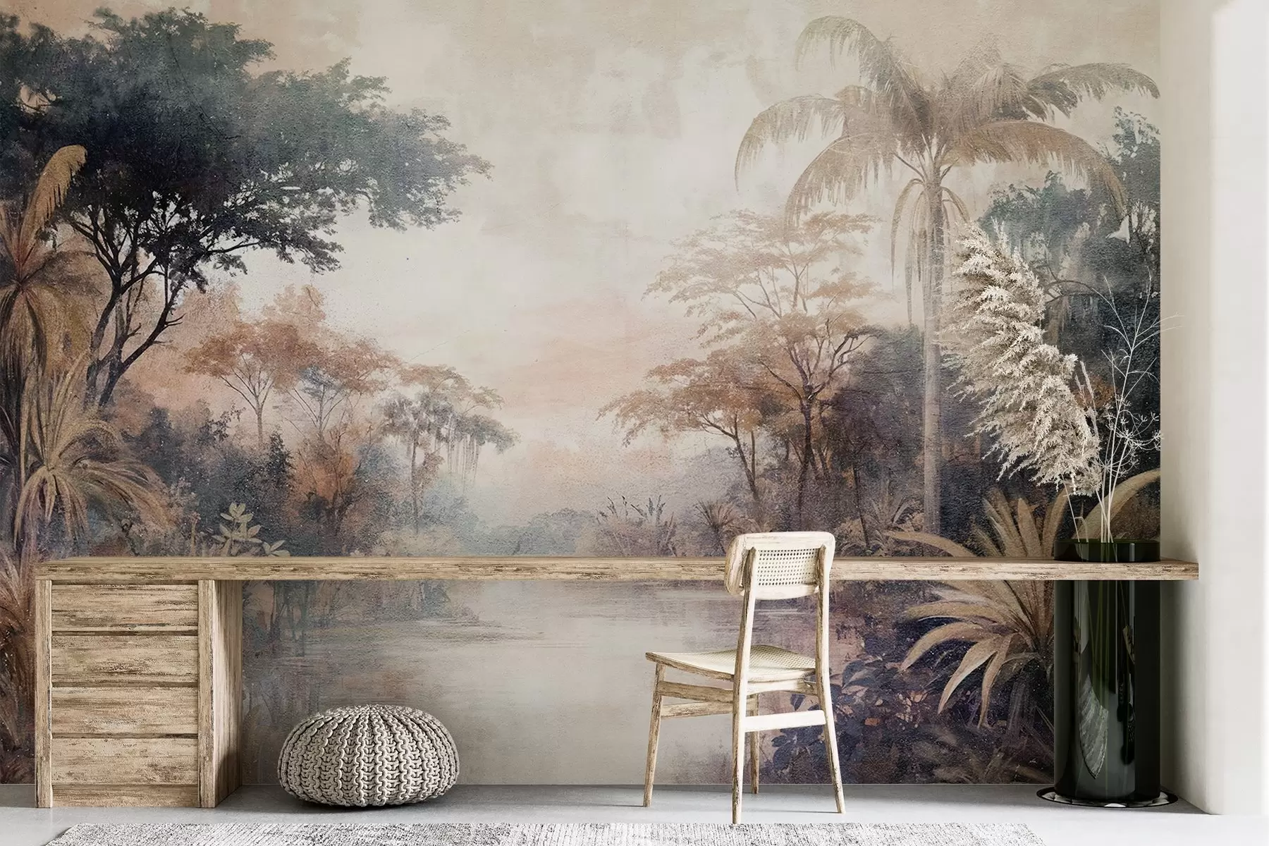 stenske poslikave Teksturirana tropska pokrajina z mirno reko, obdano z bujnimi palmami, grmovnicami in drugim listjem w08460