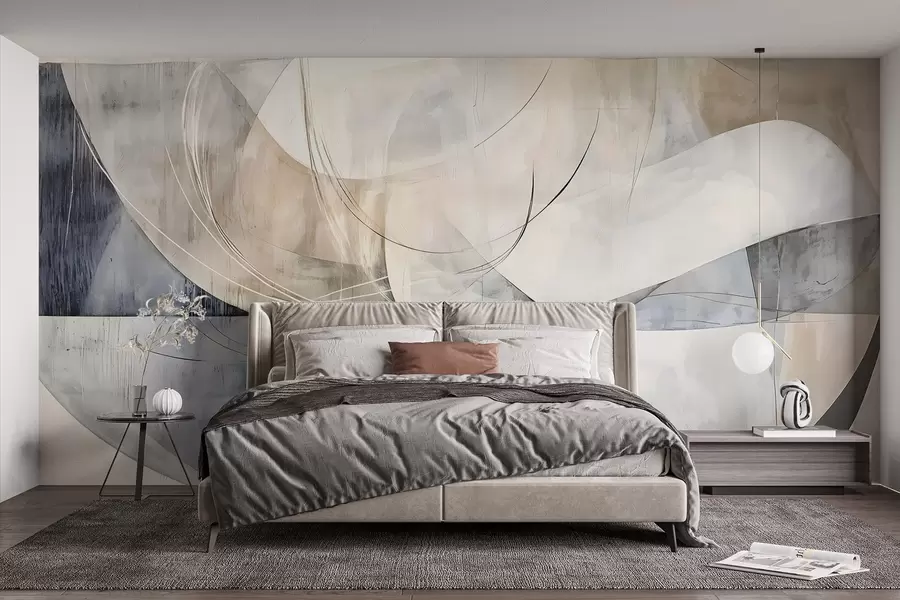 stenske poslikave Abstraktne oblike in obrazci v odtenkih bele, sive, bež in modre barve na zamegljenem teksturiranem ozadju w08461