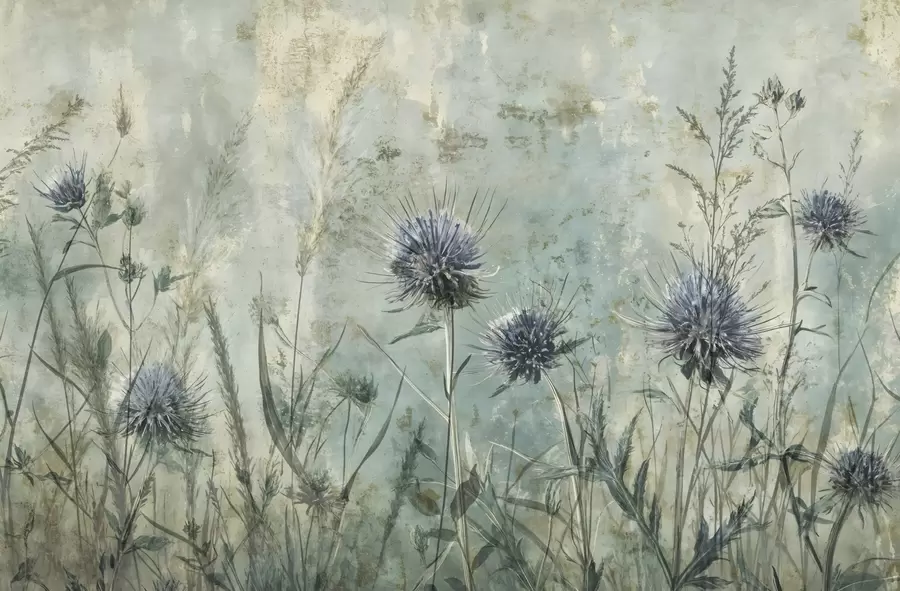 stenske poslikave Polje vijoličnih cvetov osata z zamegljenimi cvetovi in listjem v starinskem tekstualnem ozadju w08463