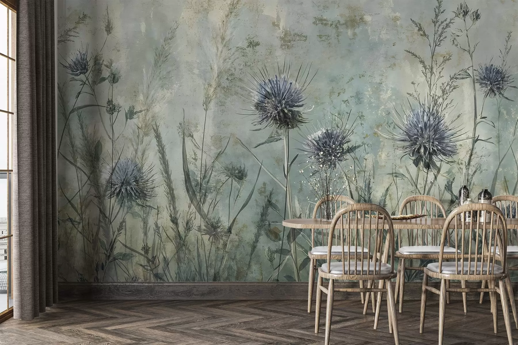 stenske poslikave Polje vijoličnih cvetov osata z zamegljenimi cvetovi in listjem v starinskem tekstualnem ozadju w08463