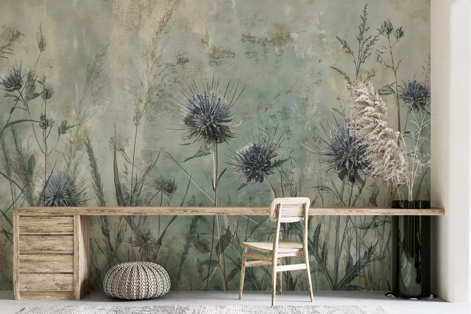 stenske poslikave Polje vijoličnih cvetov osata z zamegljenimi cvetovi in listjem v starinskem tekstualnem ozadju w08463