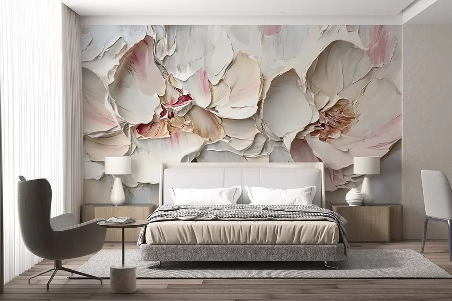 stenske poslikave Nežno, bledo rožnato cvetje z mehkimi, večplastnimi cvetnimi listi na utišanem, teksturiranem ozadju impasto imitacija oljnega slikarstva w08467