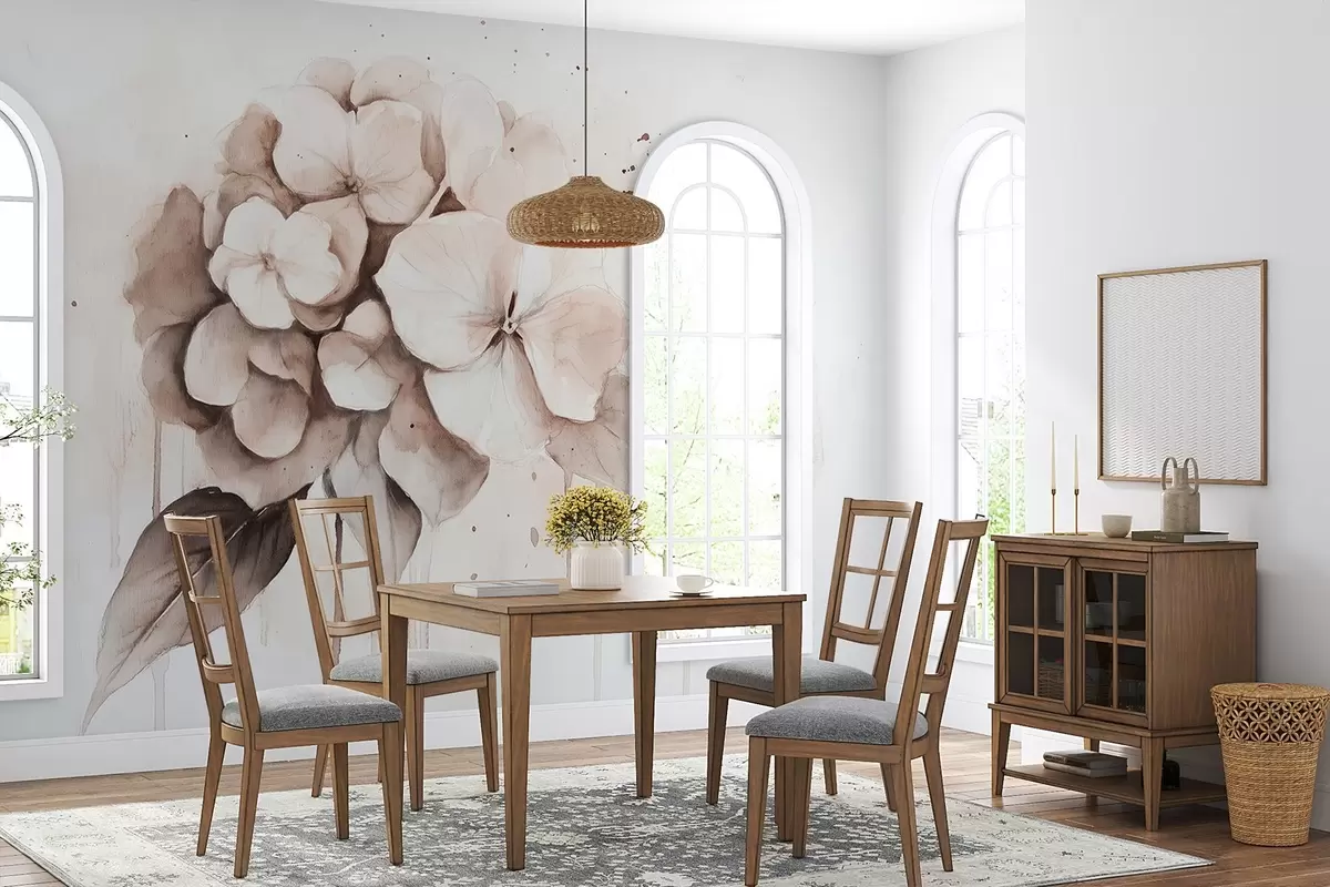 stenske poslikave Risba hortenzije, akvarelni slog, bež barve w02483